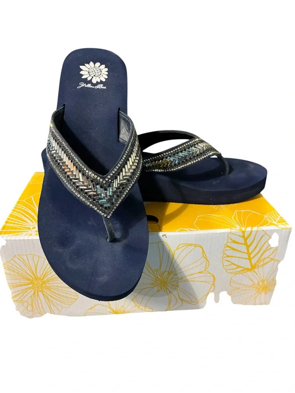 Yellow Box Skyllah Navy Blue Beaded Wedge Sandals Size 9 WORN ONCE - Picture 7 of 9